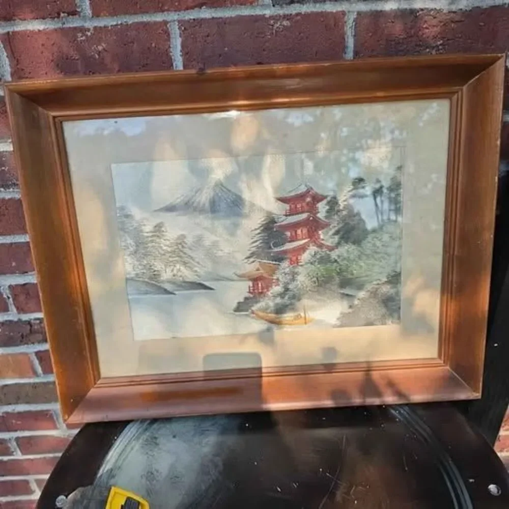 Vintage Asian Silk Embroidery Pagoda Landscape Framed Wall Art